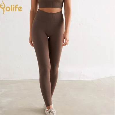 Brown High-Waisted Hip-Lifting Slim Ribbed Seamless Leggings