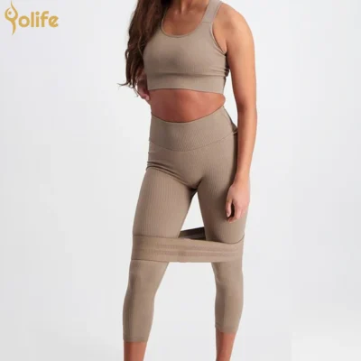 Brown High-Waisted Hip-Lifting Slim Ribbed Seamless Leggings - Image 3