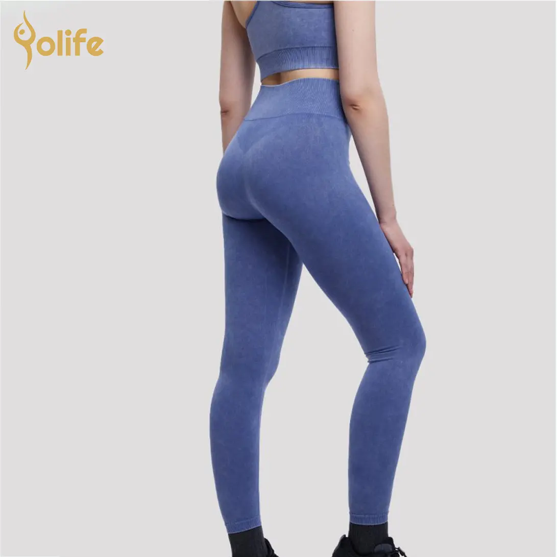 Custom Ladies Blue Full-length Ribbed seamless leggings Factory Manufactured