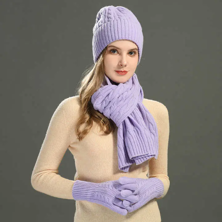 Wholesale Luxury Soft Knit Mitten Long Scarves 3 Pcs Set Winter Custom Women 100% Wool Gloves Warm Beanie Hats and Scarf Set